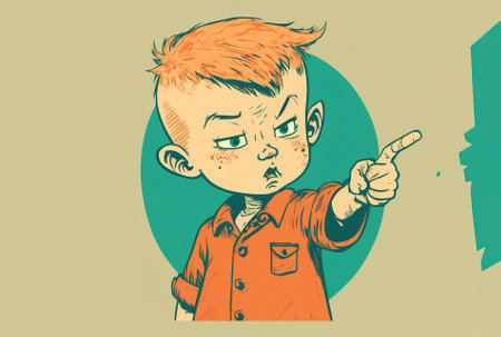 Illustration of a little child pointing with his index finger flatの素材