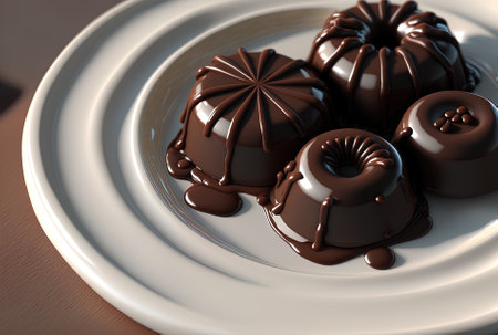 Sweet chocolate sweets on a white dishの素材