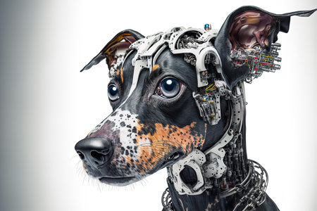 Portrait of futuristic pet robot dog on white backgroundの素材