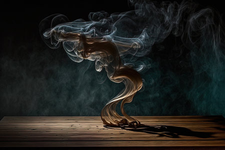 Smoke on an old wood table against a shadowy backdropの素材