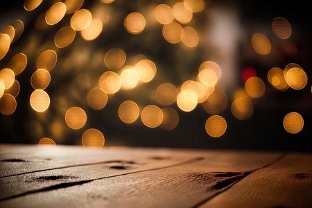 Golden bokeh with a wooden table in the backgroundの素材
