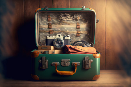 Vacation gear packed into a suitcase against a wooden backgroundの素材