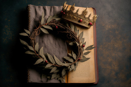 flat lay of a bible and a crown of thornsの素材