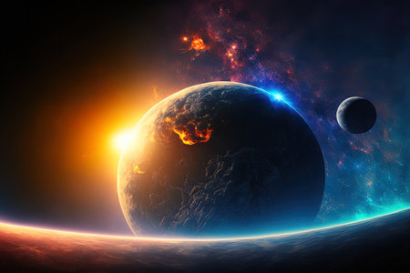 Planet earth with sunrise and moon in spaceの素材