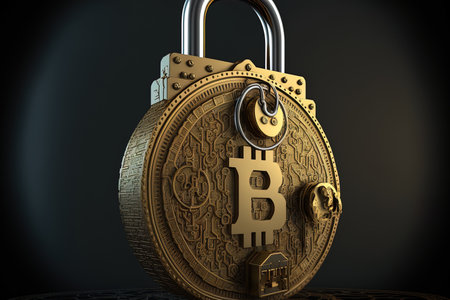 the idea of bitcoin security golden coin with lockの素材