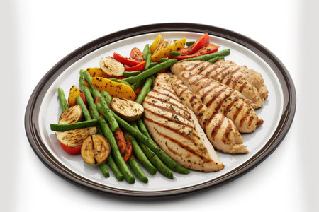 grilled chicken and vegetables on a platter, isolated on a white backgroundの素材