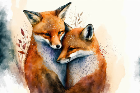 adorable fox pair hugging in a cartoonの素材