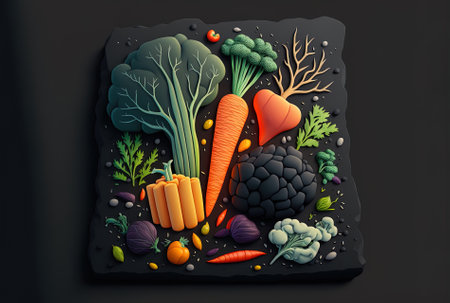 To the left of a black slate, there are vegetablesの素材
