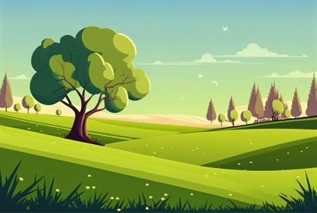 grassy meadow in the backdrop, distant trees without leaves, and hazy skyの素材