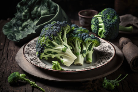 On the wooden table, a plate of fresh broccoliの素材