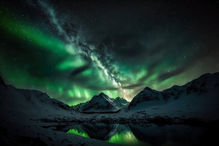 the Milky Way in all its glory, with a green aurora dancing over the mountainの素材