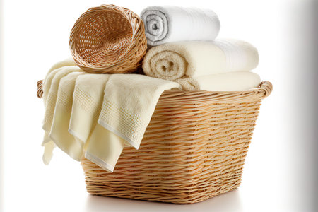 Wicker basket on white background with fresh towelsの素材