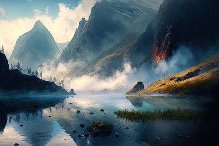 a lovely body of water surrounded by lush mountains, with steam rising from itの素材