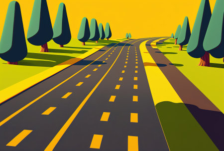 Yellow striped asphalt roadの素材