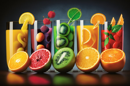 Multiple fruit juices and citrus fruits a narrowing of attention focusの素材