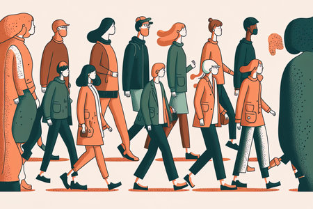 Illustration of many pedestrian figures strolling pastの素材