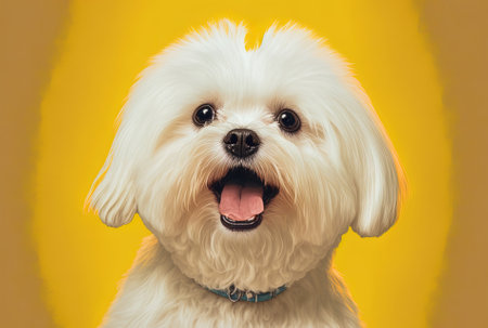 Maltese dog tongue out on a yellow background, funnyの素材