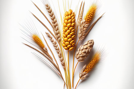 Wheat ears arranged horizontally on a white backdrop for packaging design purposesの素材