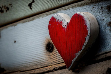 Red heart against a wood backdropの素材