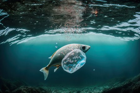 Microplastics and problematic plastic bottle floating in the waterの素材