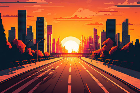 Sunset view of a modern city skyline and asphalt road. high vantage pointの素材