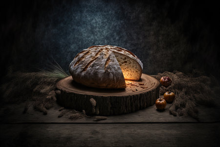 Wooden table with rustic bread.の素材