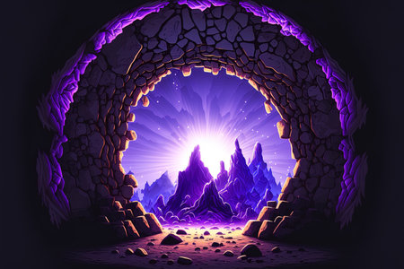 Rock wall magic portal with mystical purple lightの素材