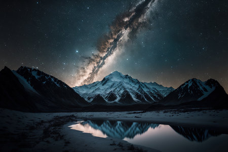 View of the Southern Alps mountain at night and the starry skyの素材