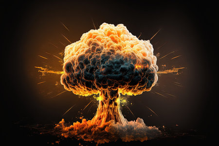 Realistic explosion of an atomic weapon in orange with black background and smokeの素材