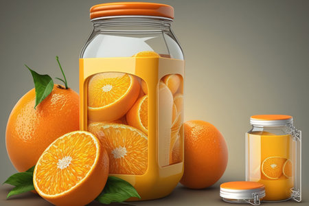 The glass container contains fresh orange juiceの素材
