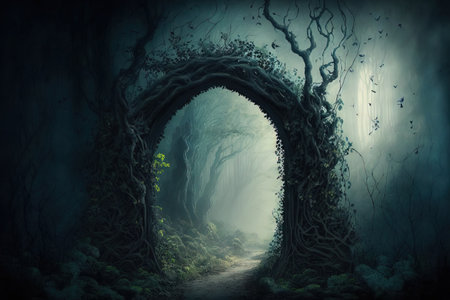 The backdrop image is an archway in a misty, dark countryside with a fairy woodlandの素材