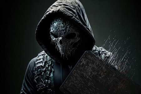 Conceptual picture of a hacker holding a laptopの素材