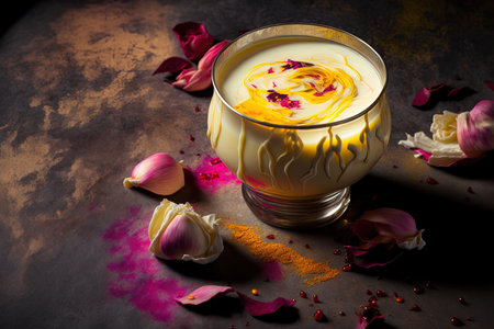 Thandai, a traditional Indian beverage, served with saffron rose petalsの素材