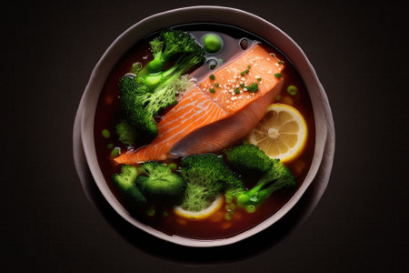 Salmon with broccoli in a bowl of soupの素材