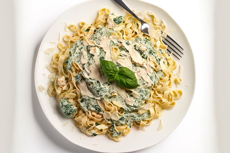 On a white background, fettuccine pasta with spinach and a creamy cheese sauceの素材