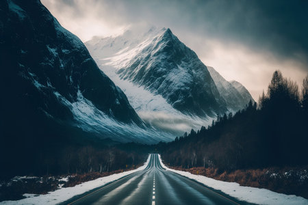 a road flanked by snow capped mountains shrouded in fogの素材