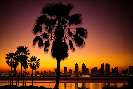San Diego before dawn, with a silhouette of a palm treeの素材