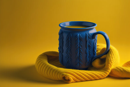Yellow backdrop with a blue cup wearing a yellow sweaterの素材
