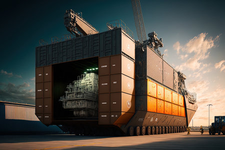 a shipping container for international transport at a shipyard with a large machineの素材