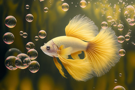 Yellow betta fish in closeup surrounded by bubblesの素材