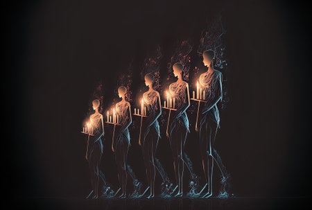 individuals carrying candles in the side viewの素材