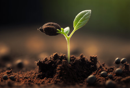 soil based fertilizer. close up of a young seedling developing in dirtの素材