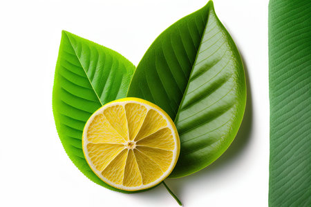isolated green leaf and lemon on a white backdropの素材