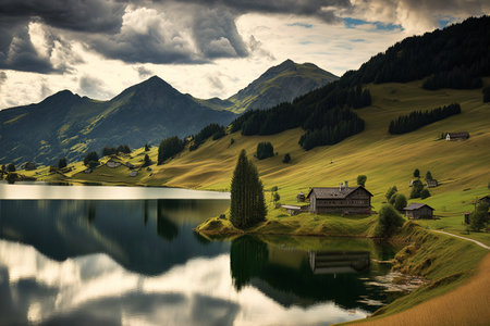 sweeping panorama of a lake amid sweeping hills and a clouded skyの素材