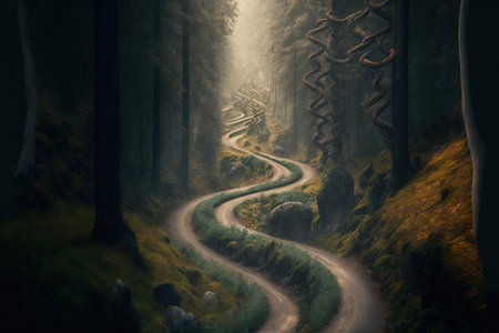 a winding, narrow road in the midst of a forestの素材