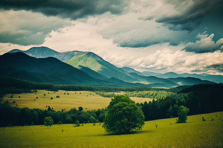 field with tall, green mountains around it under an overcast skyの素材