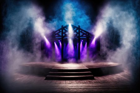 wooden stage with spotlights and blue smoke. a presentation ideaの素材