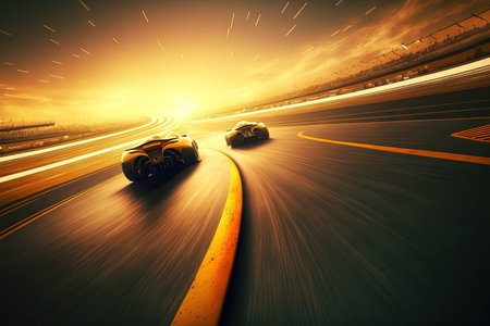 racetrack in motion with a feeling of the golden hourの素材