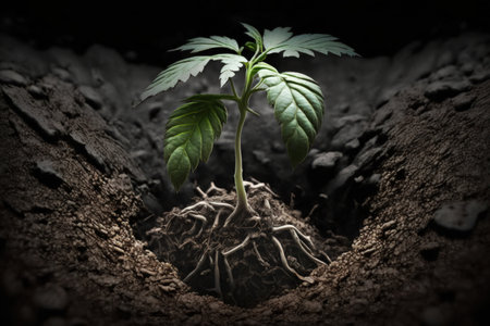 a young plant that is blazing out of the groundの素材