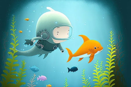 tiny animated scuba diver swimming in an aquarium or oceanの素材